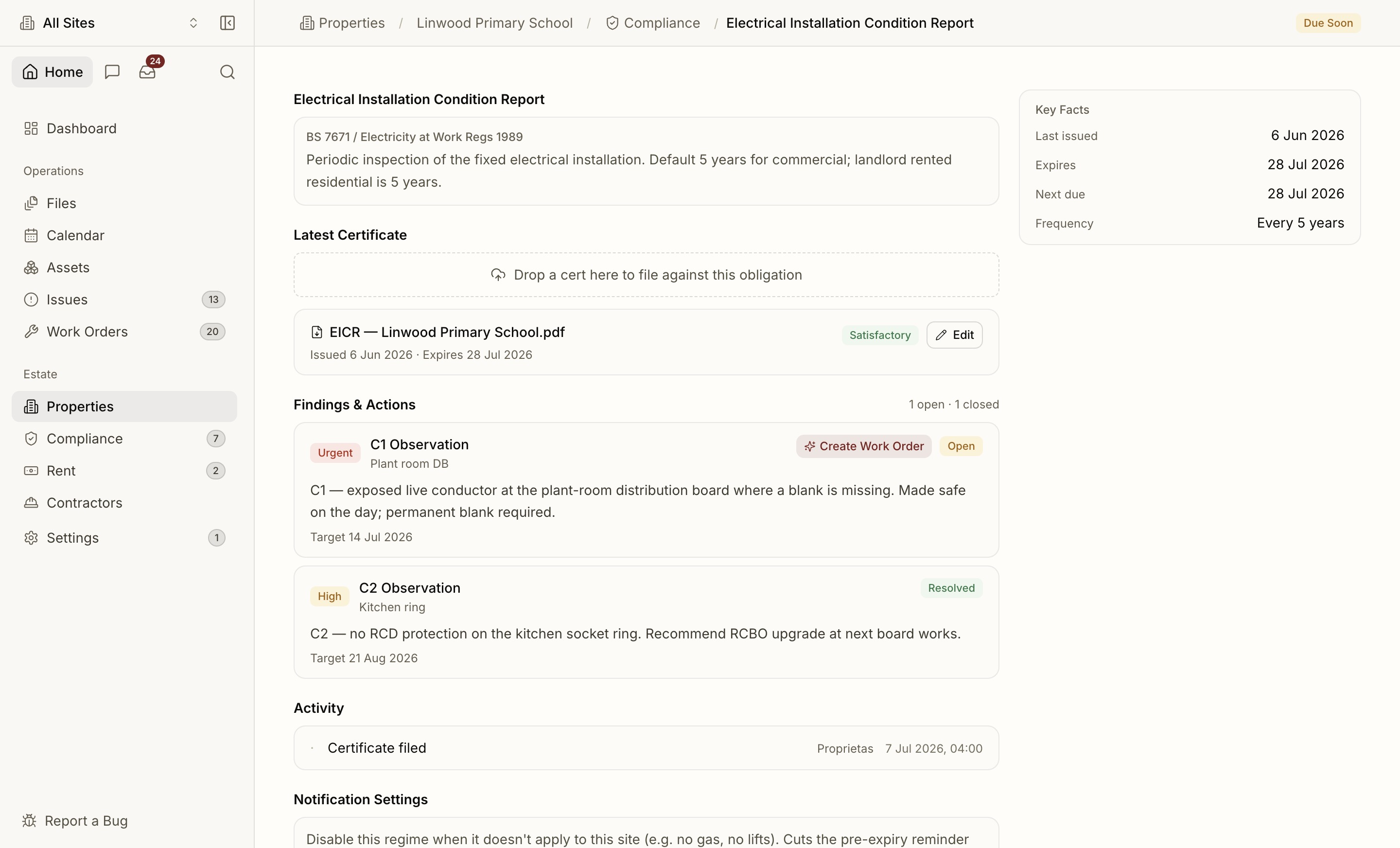 An obligation detail page with certificate, classifier notes and findings