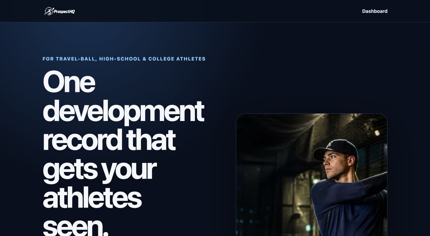 ProspectHQ public homepage and primary athlete profile actions