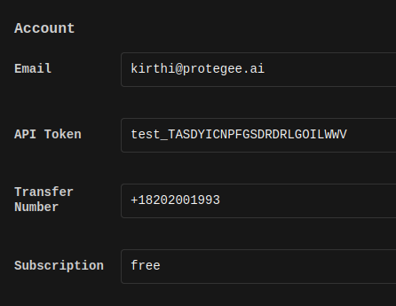 Example API token and Transfer number