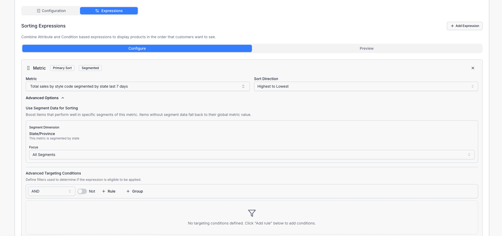 screenshot of creating a sort order with segmented metrics
