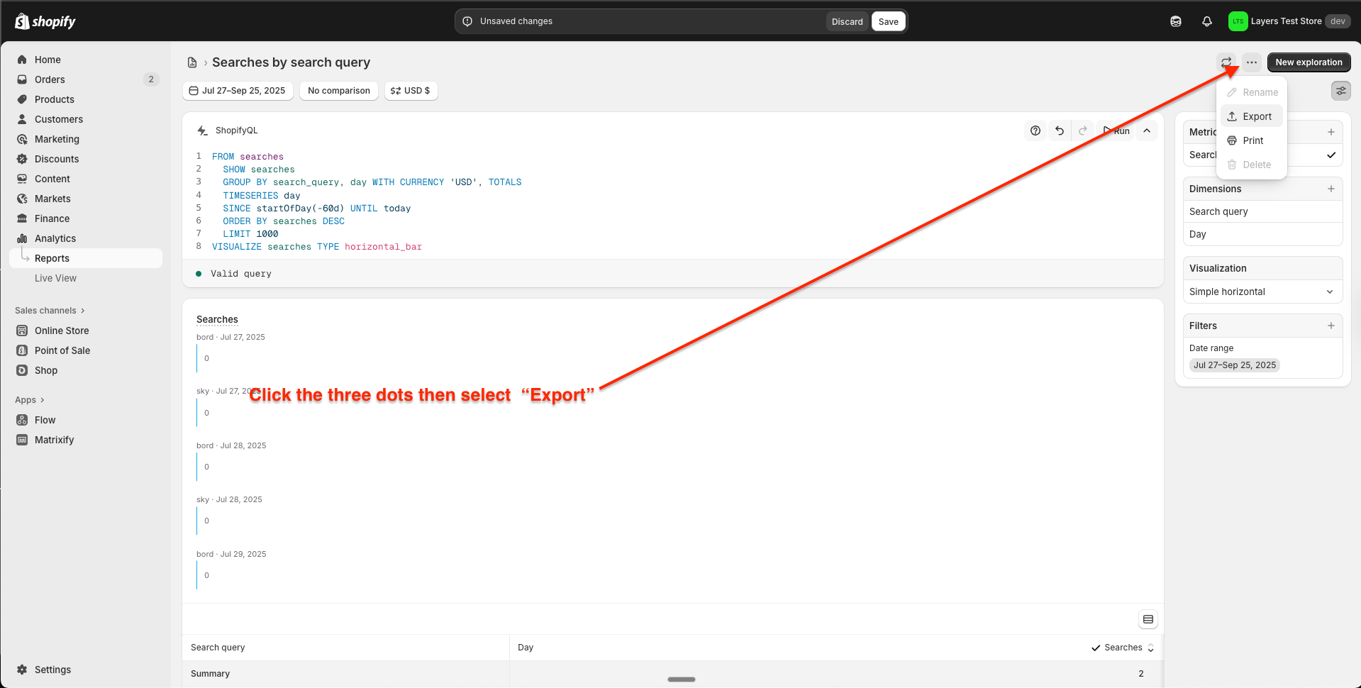 screenshot of export as JSONL
