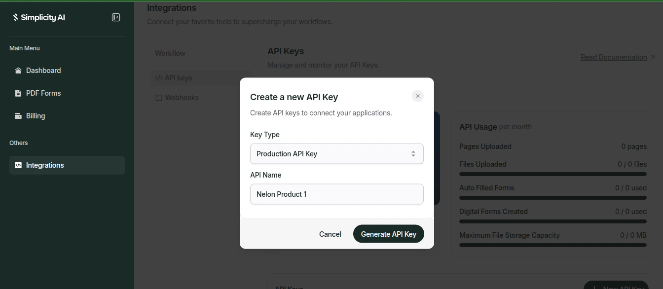 API key generation screen