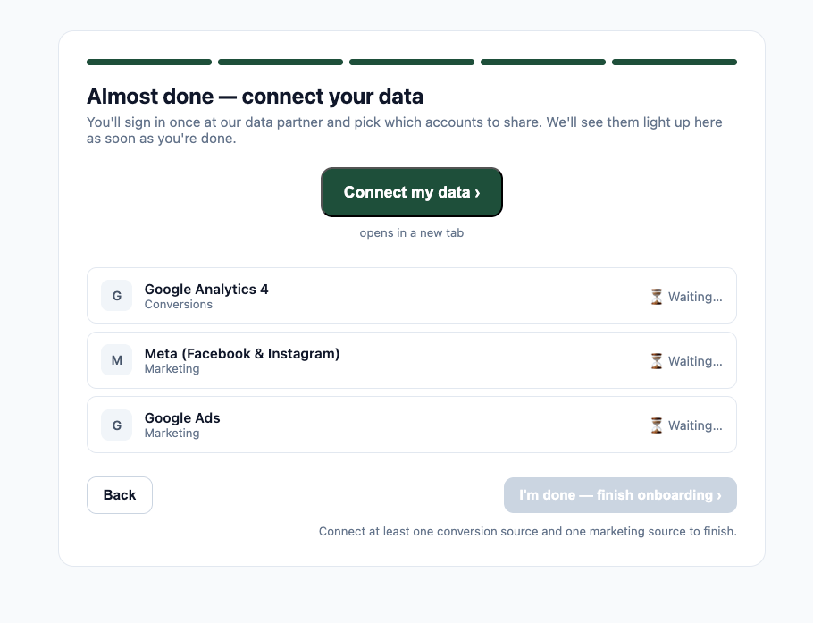 Onboarding connected sources ready
