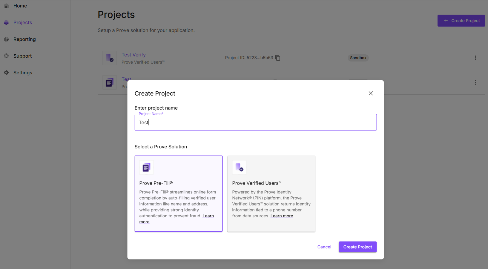 Screenshot of the Create Project screen in the Prove Developer Portal