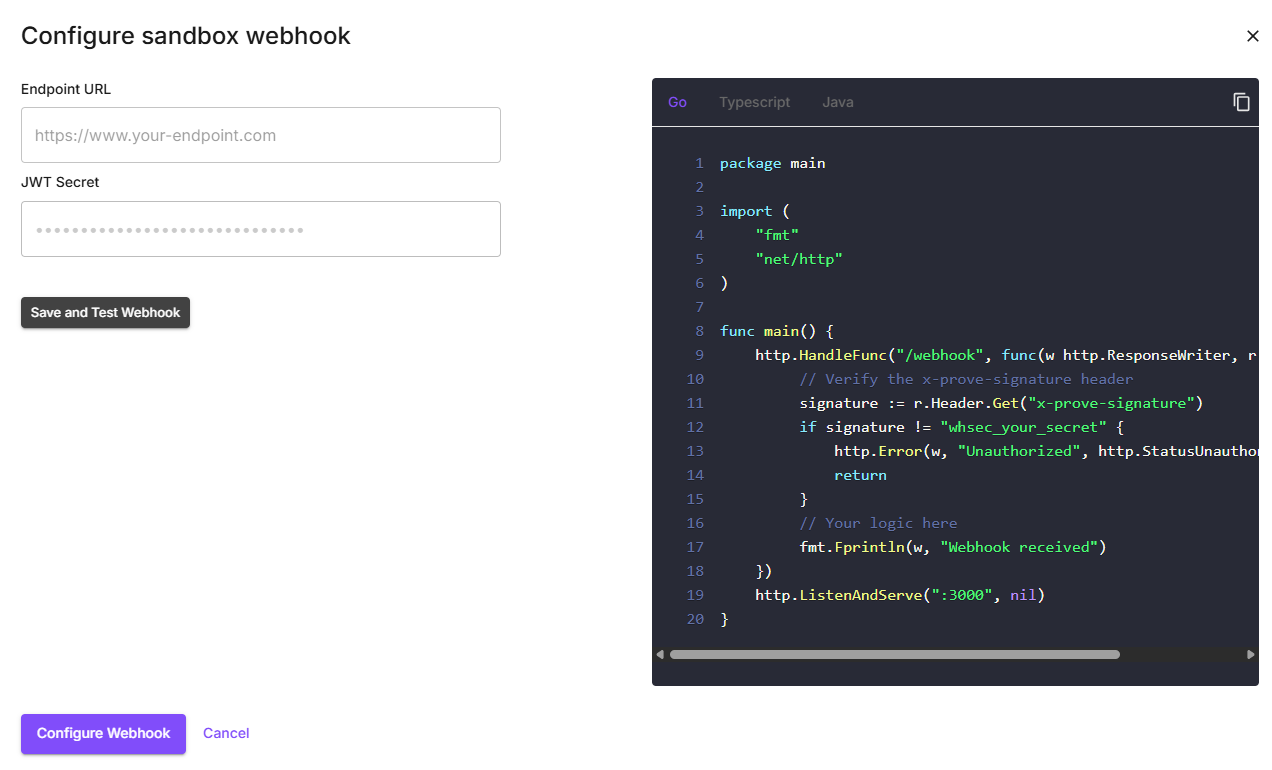 Example of the webhook URL configuration screen in the Prove Portal