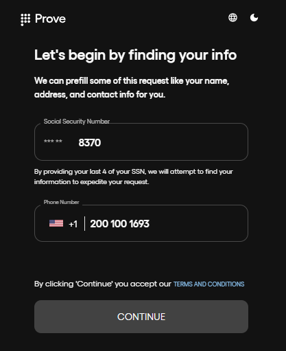 Screenshot of Prove Pre-Fill demo screen showing user challenge data entry form