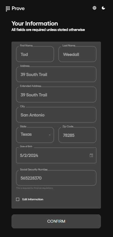 Screenshot of Prove Pre-Fill demo screen showing prefilled user identity data
