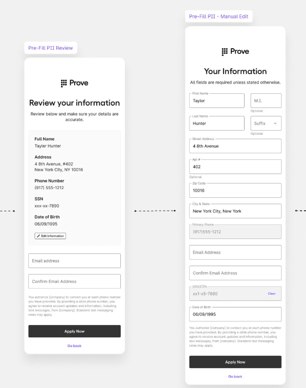 Example display of required fields and masking for personal information