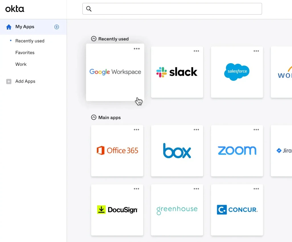 Okta dashboard showing application tiles for SSO