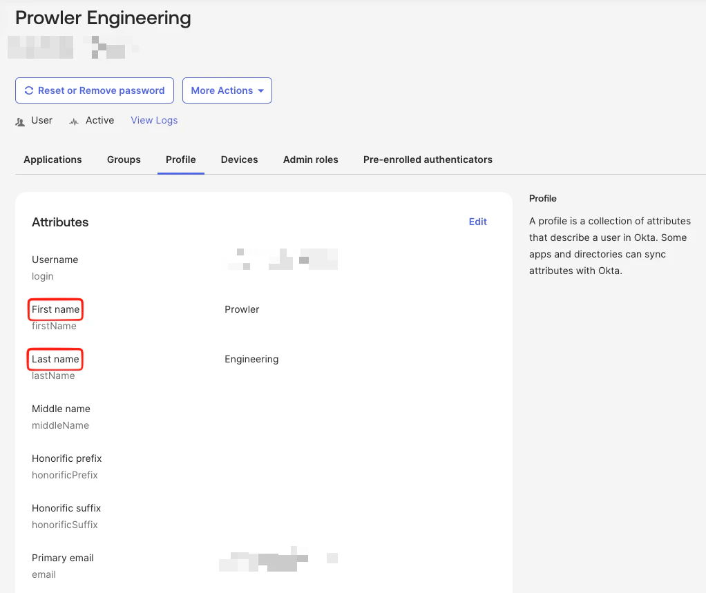 Okta User Profile — First Name and Last Name