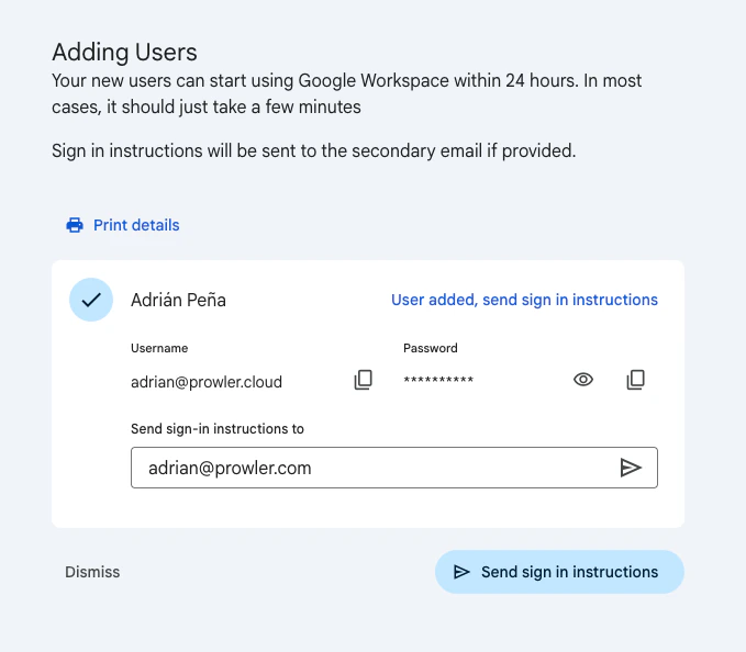 User created successfully - Username and temporary password
