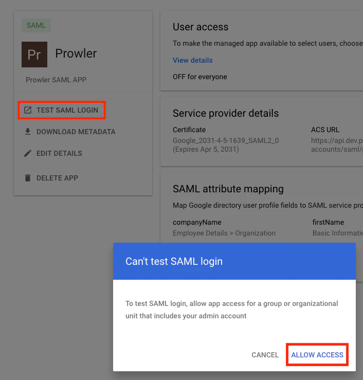 Test SAML login - Allow access prompt
