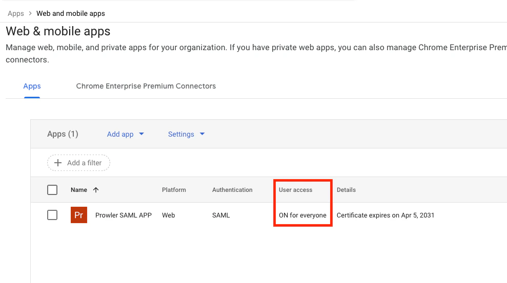 Web & mobile apps list - User access confirmed as "ON for everyone"