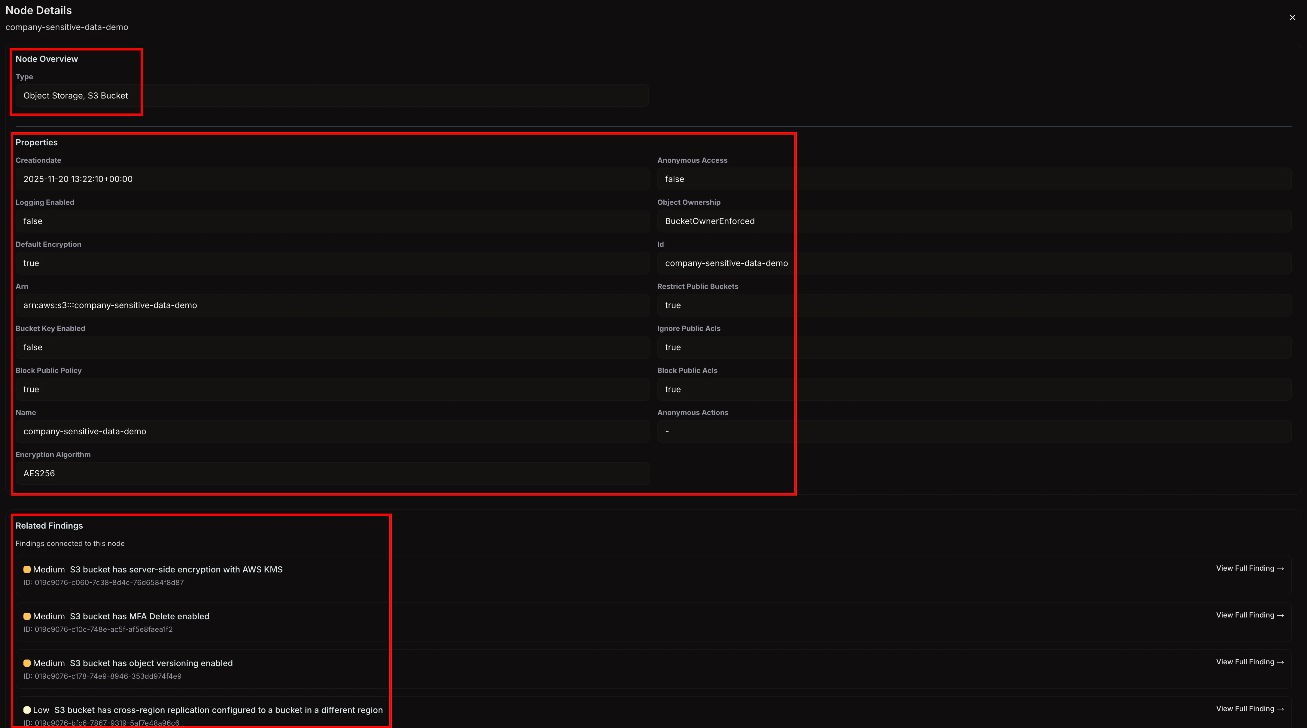 Attack Paths node detail panel showing properties and related findings