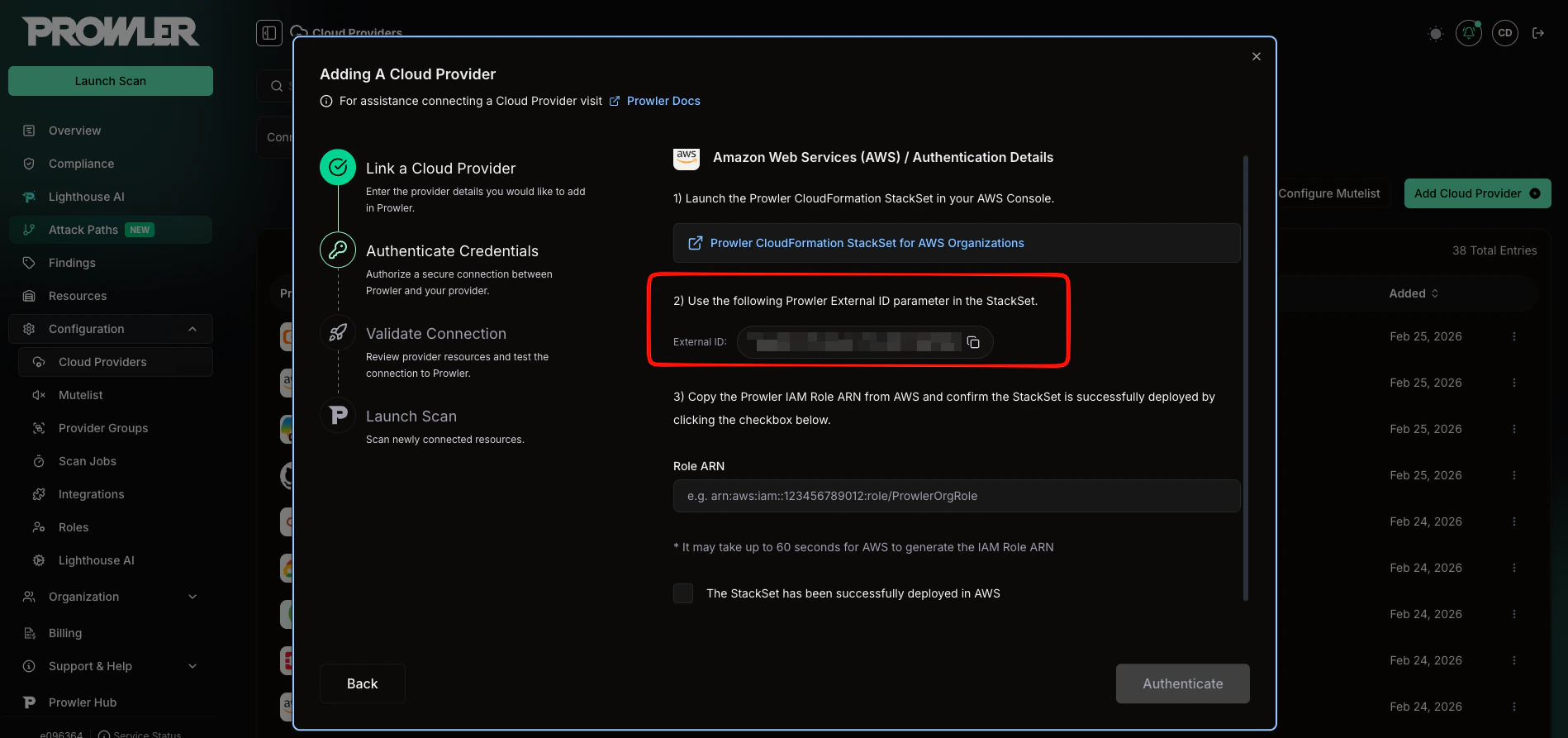 Authentication Details form showing External ID, two deployment buttons (Create Stack in Management Account and Open StackSets Console), Management Account Role ARN field, and deployment confirmation checkbox