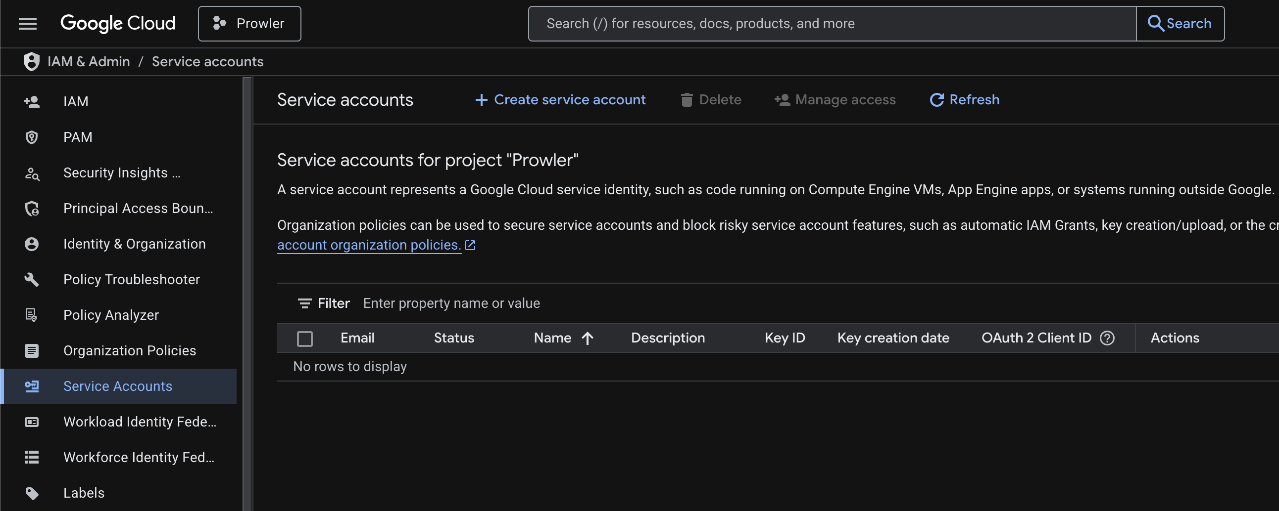 Service accounts landing page