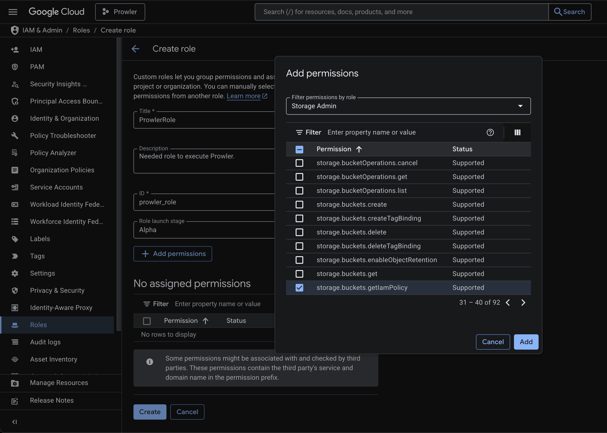 Sample permissions for a custom Prowler role