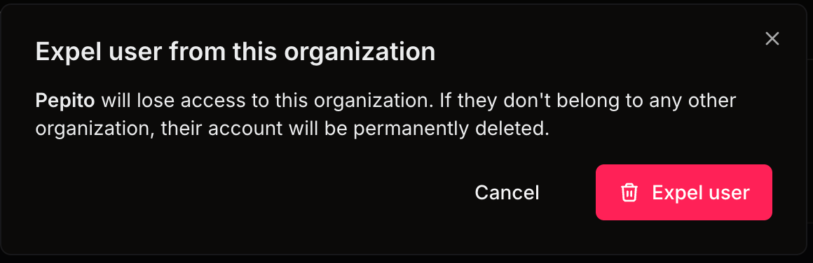 Confirmation dialog asking to expel the selected user from the current organization