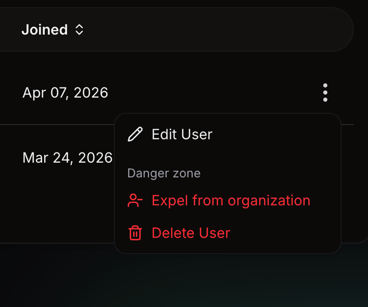 Users table row action menu showing the 'Expel user' destructive option