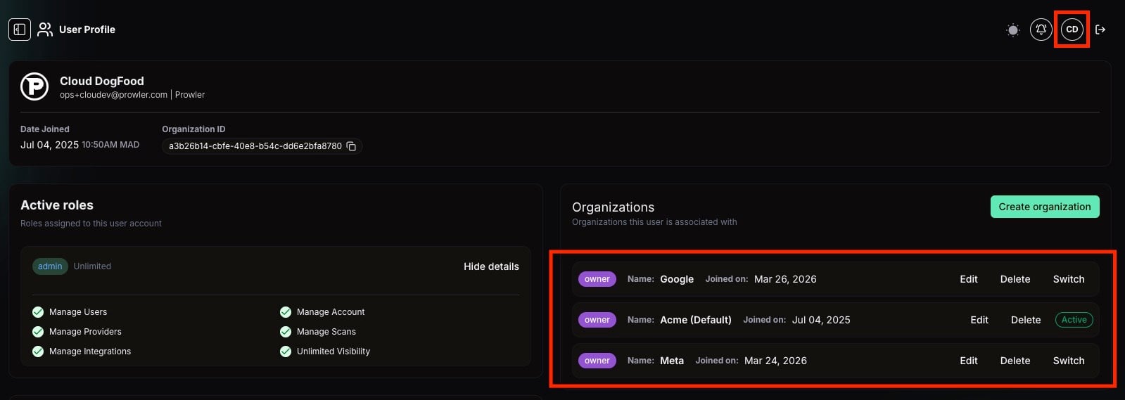 Organizations card in profile page
