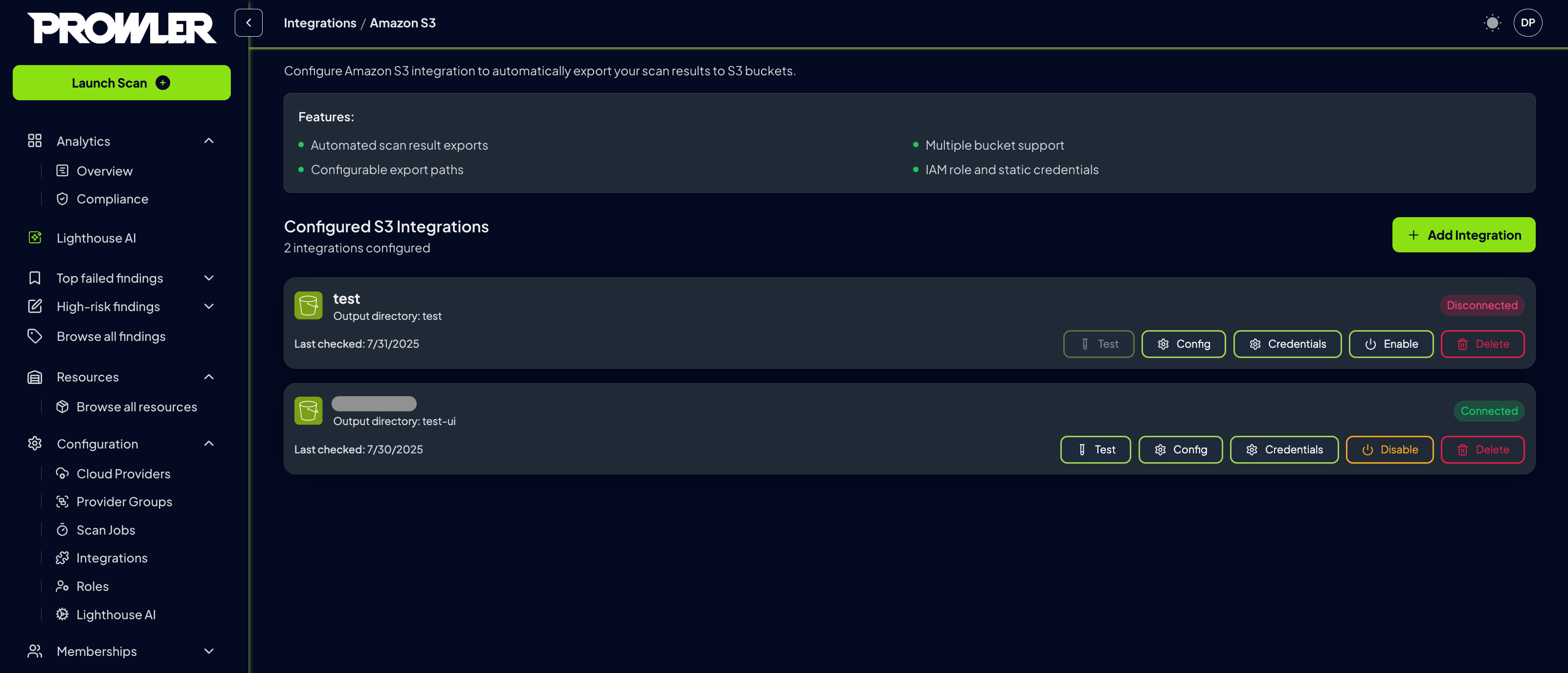 Integration status view
