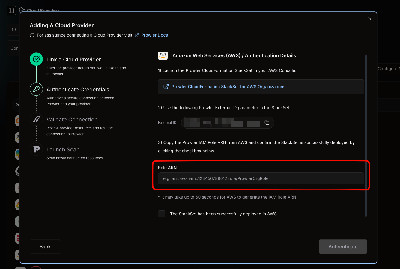 Deployment account Role ARN field in the Authentication Details form