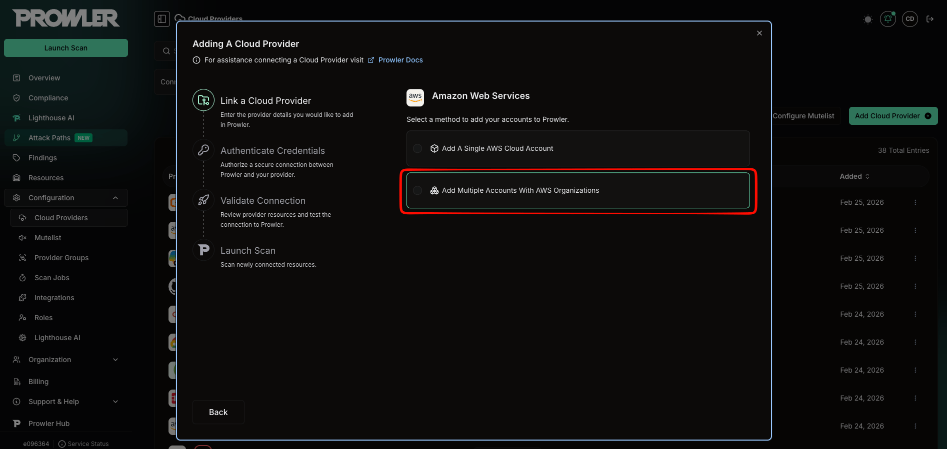 Method selector showing Add Multiple Accounts With AWS Organizations option highlighted