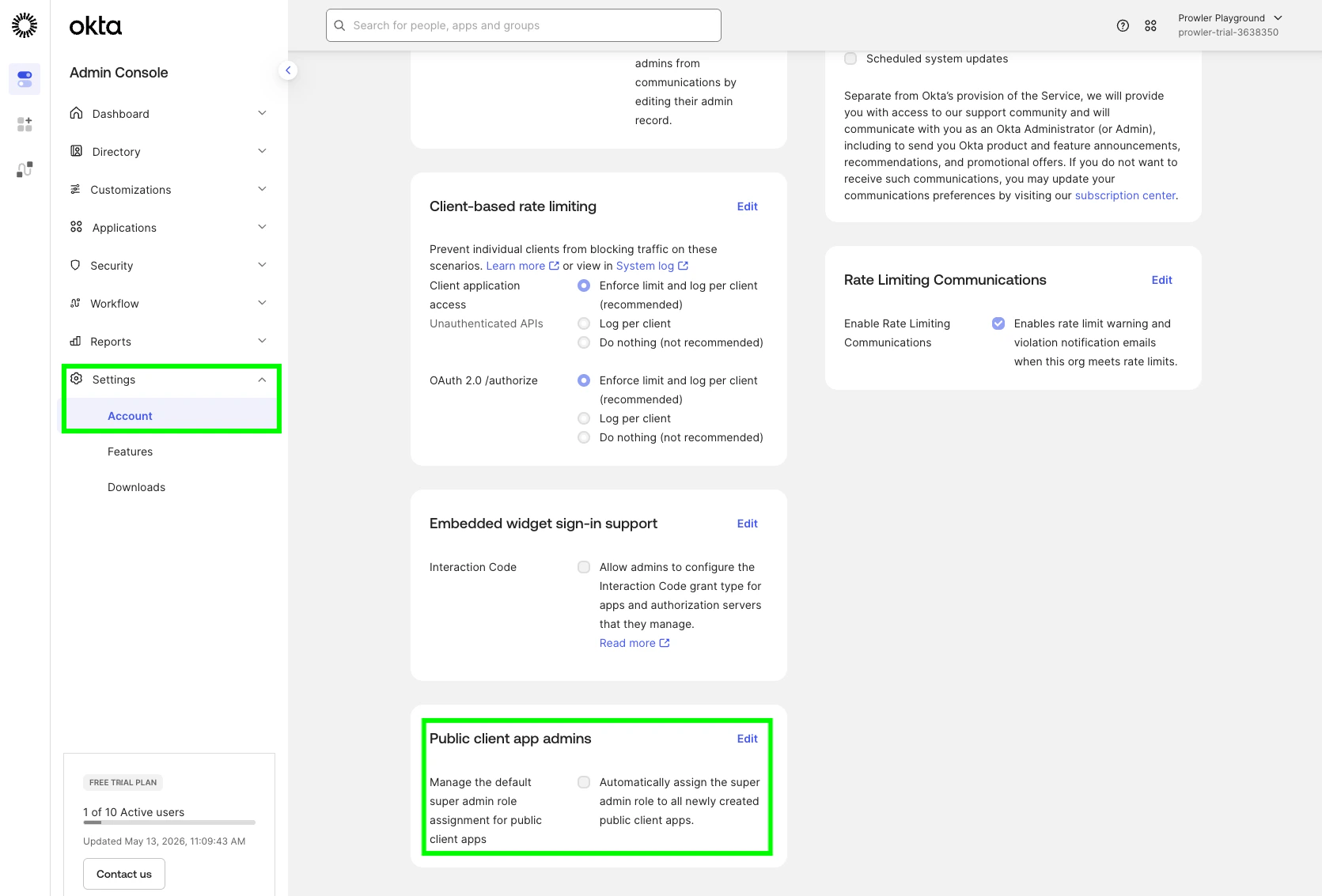 Okta — disable Public client app admins