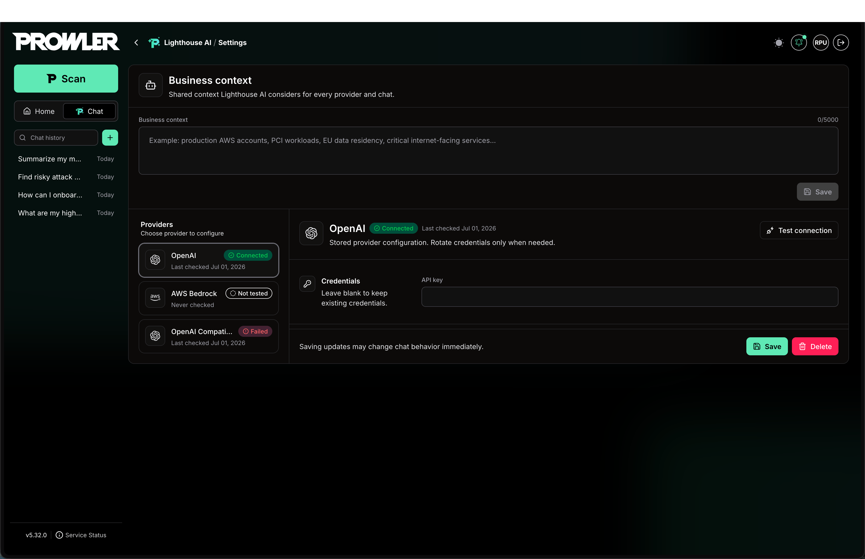 Lighthouse AI configuration page in Prowler Cloud