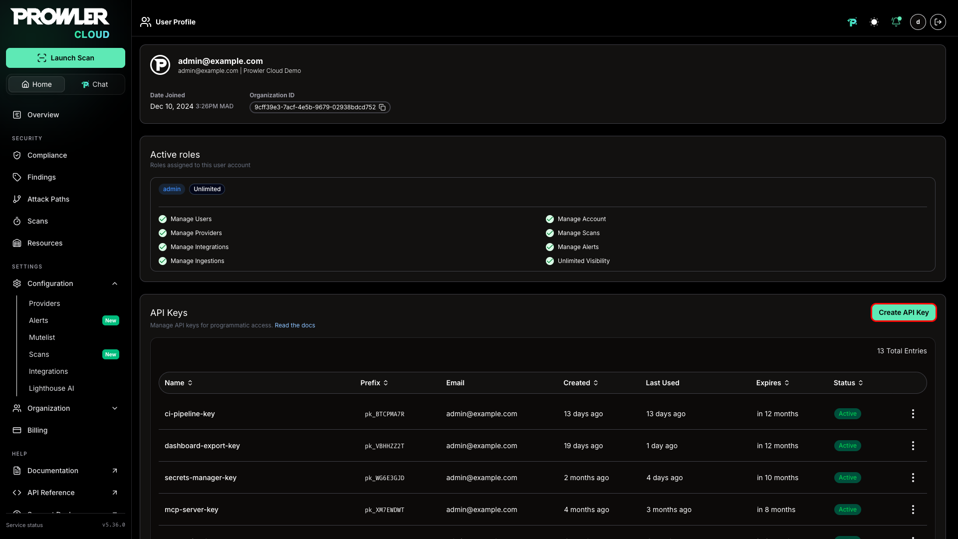 API Keys list