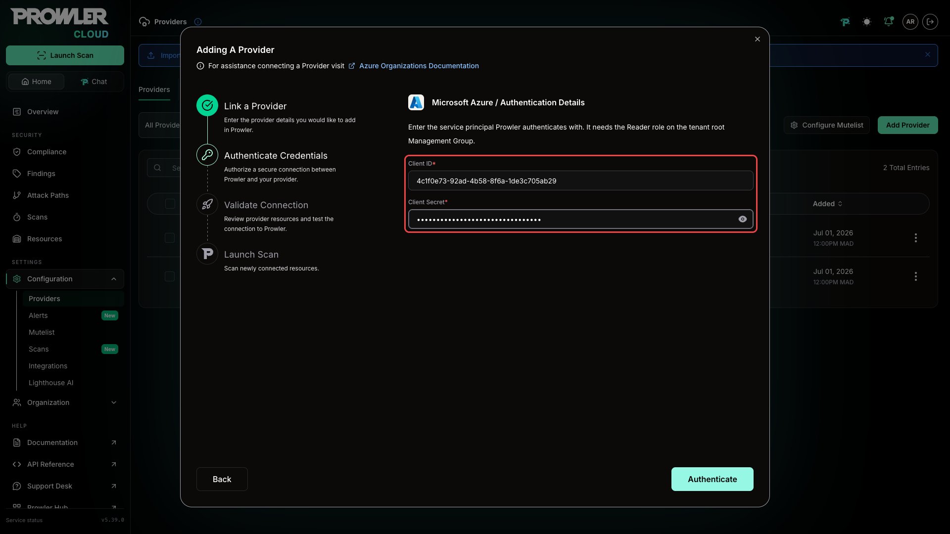 Authentication Details step showing the Client ID and Client Secret fields