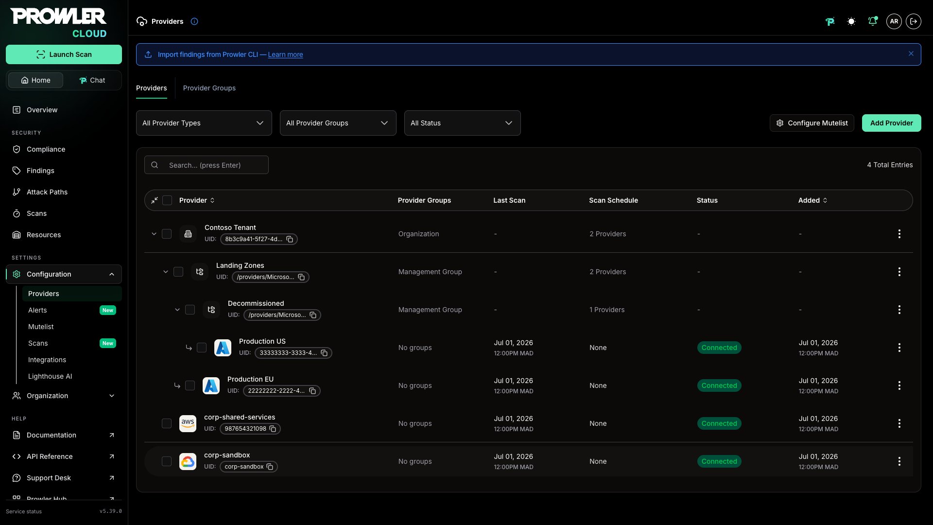 Providers page showing subscriptions grouped under Azure Management Groups and the organization