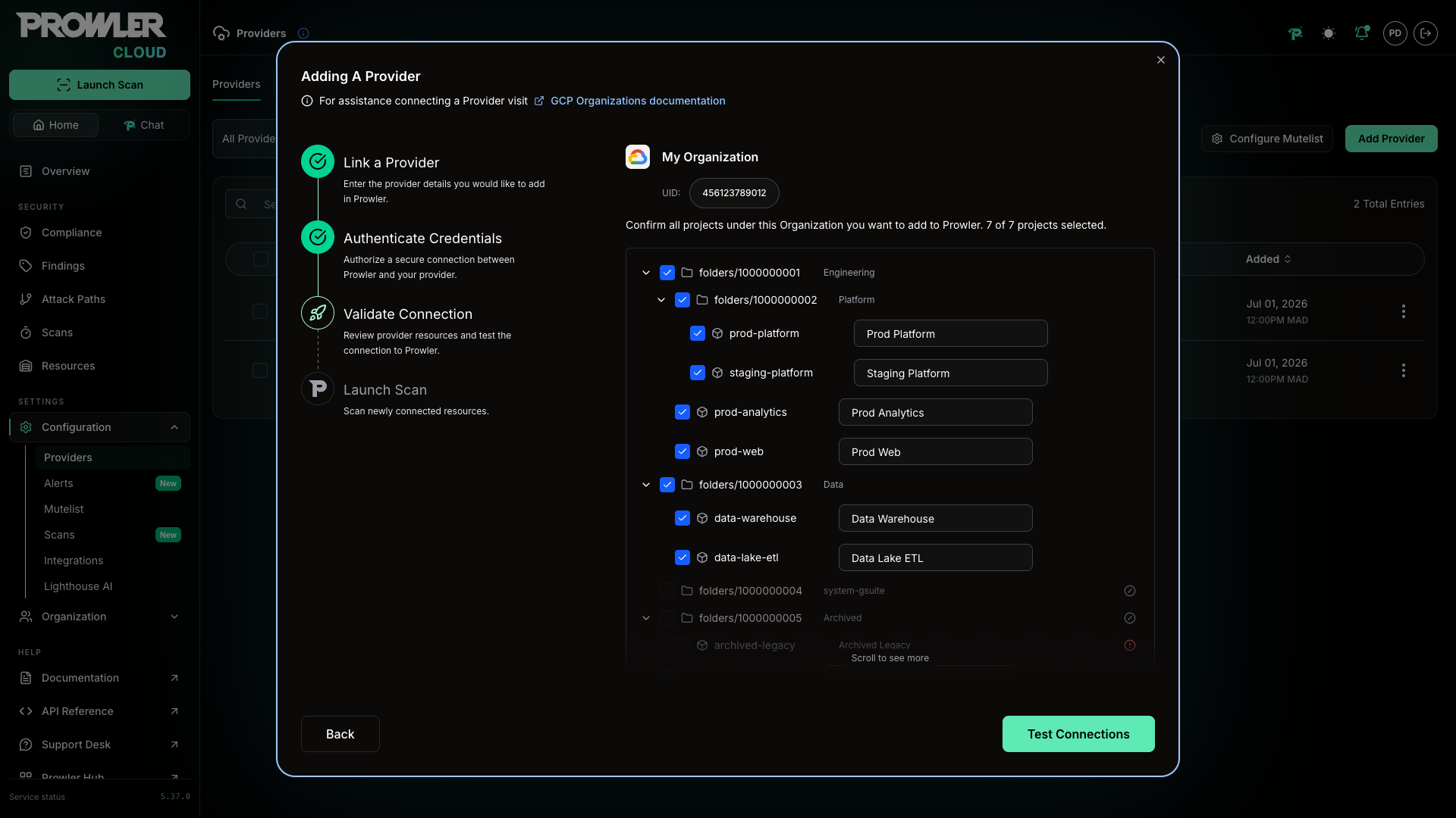 Hierarchical tree view showing folders and projects with selection checkboxes