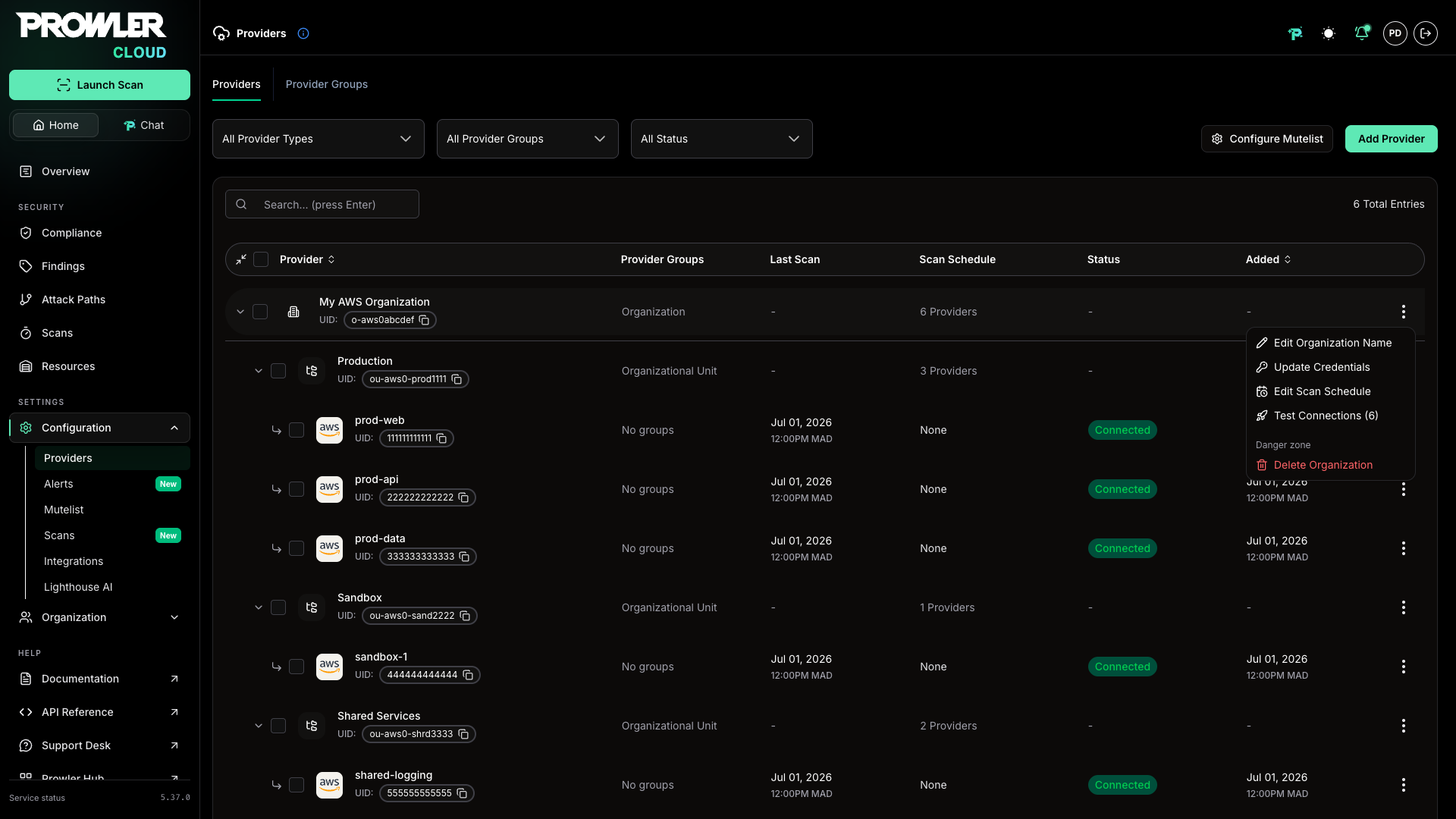 Row actions menu on an AWS organization row