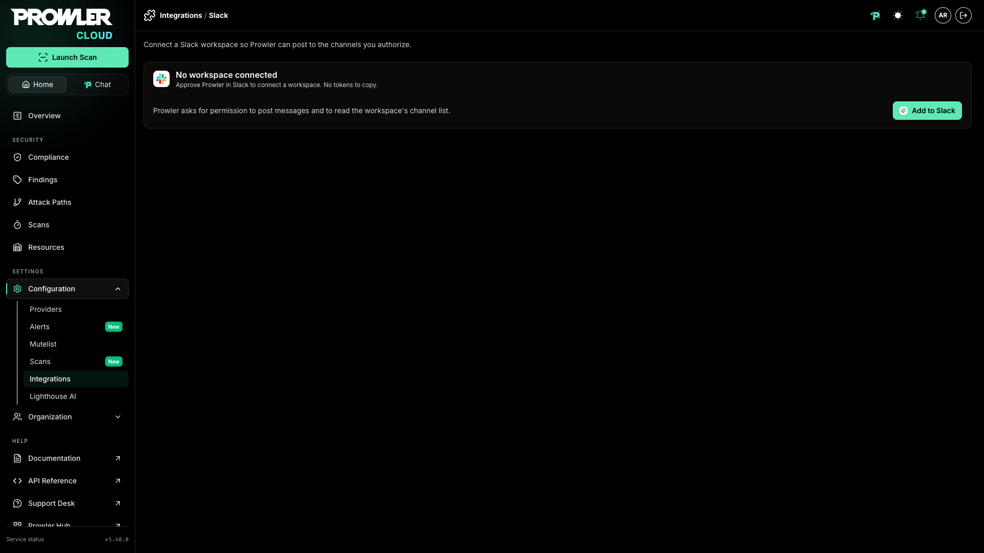 Slack management page before a workspace is connected, showing the Add to Slack action