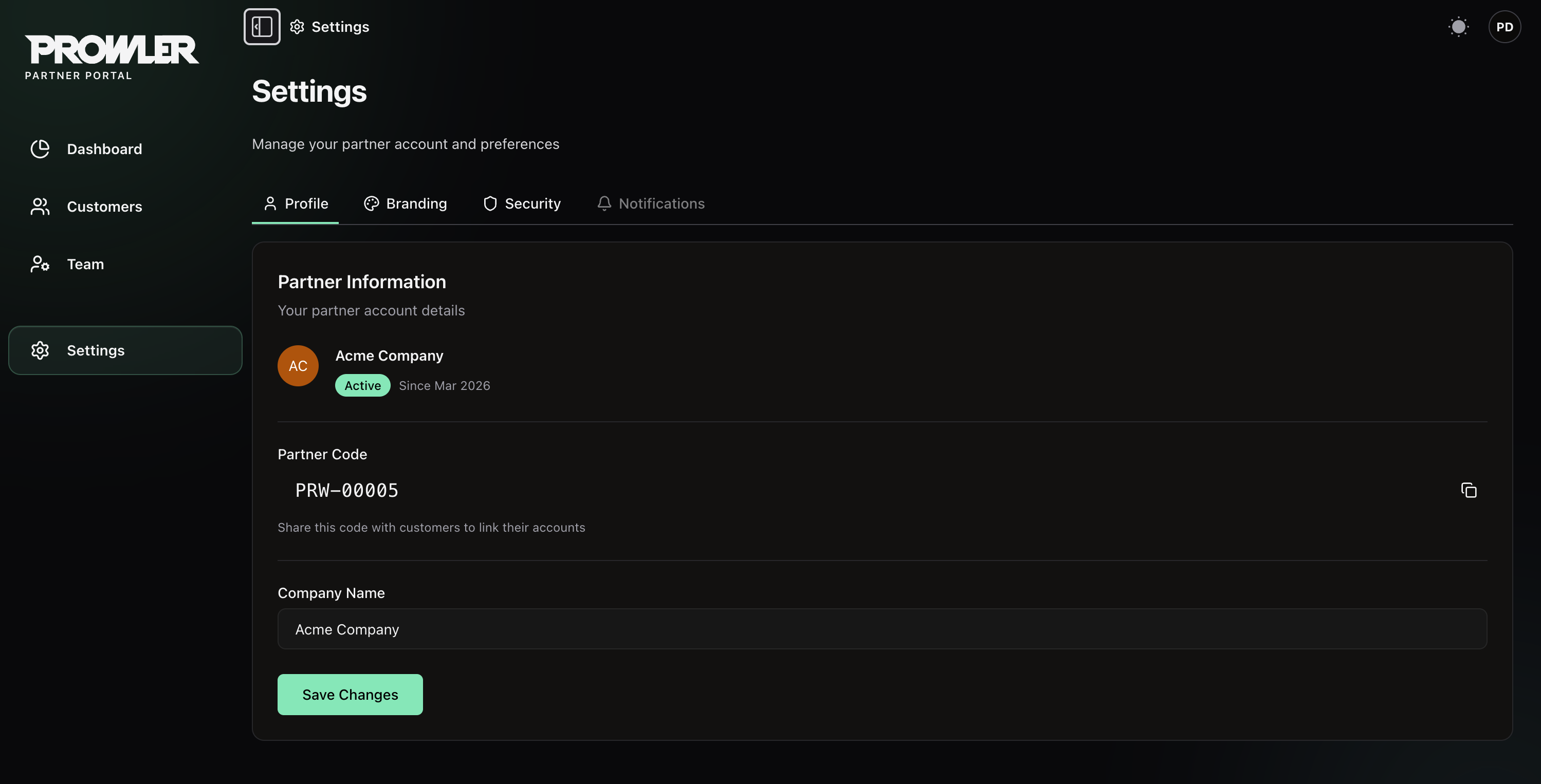 Settings Profile tab