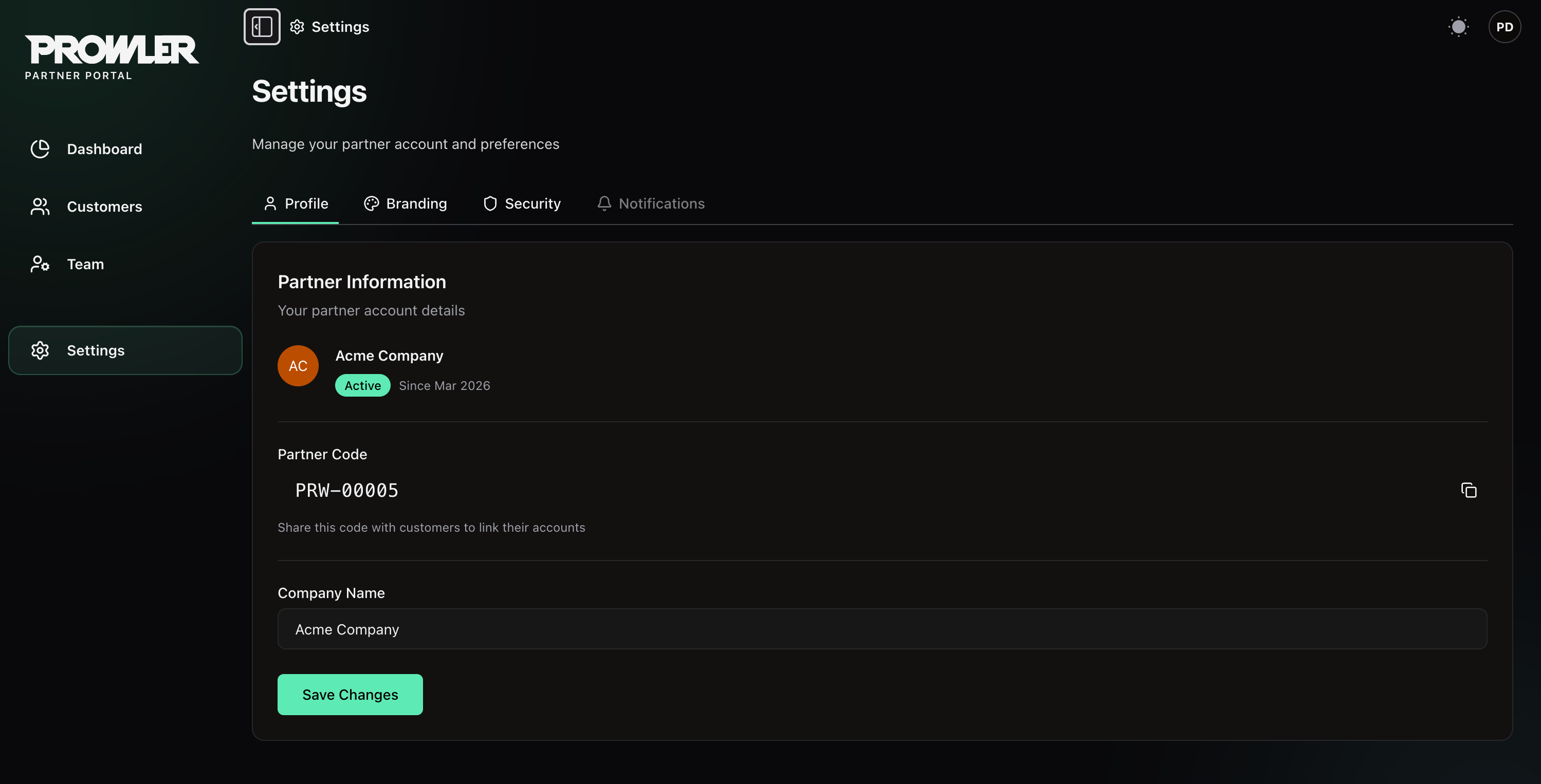 Settings Profile tab