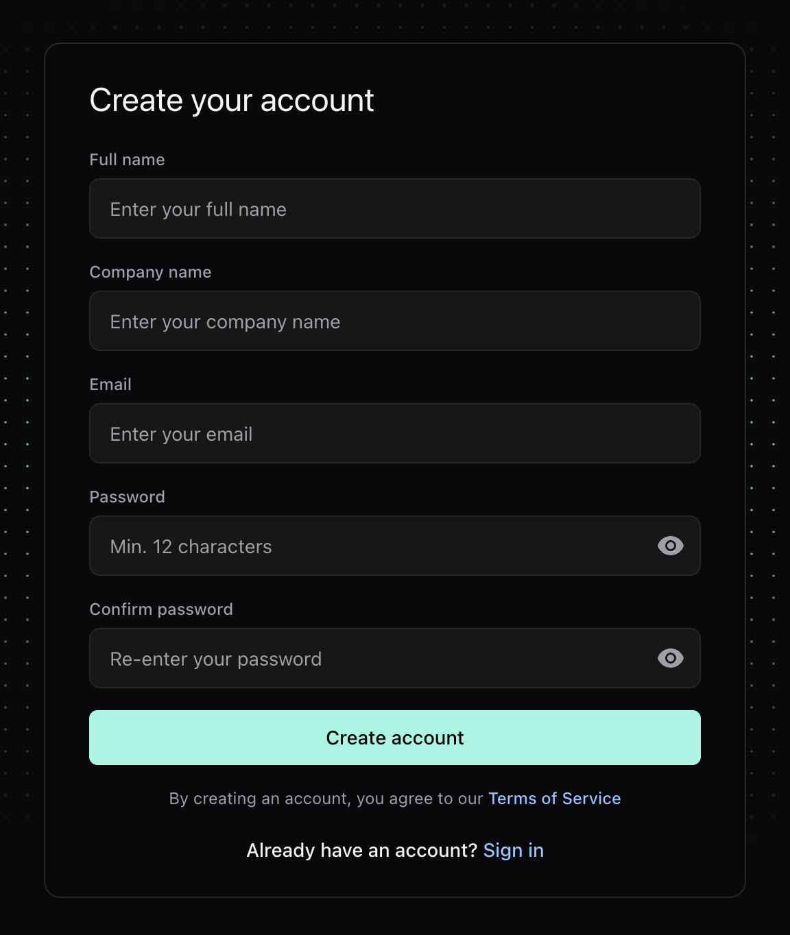 Create your account form