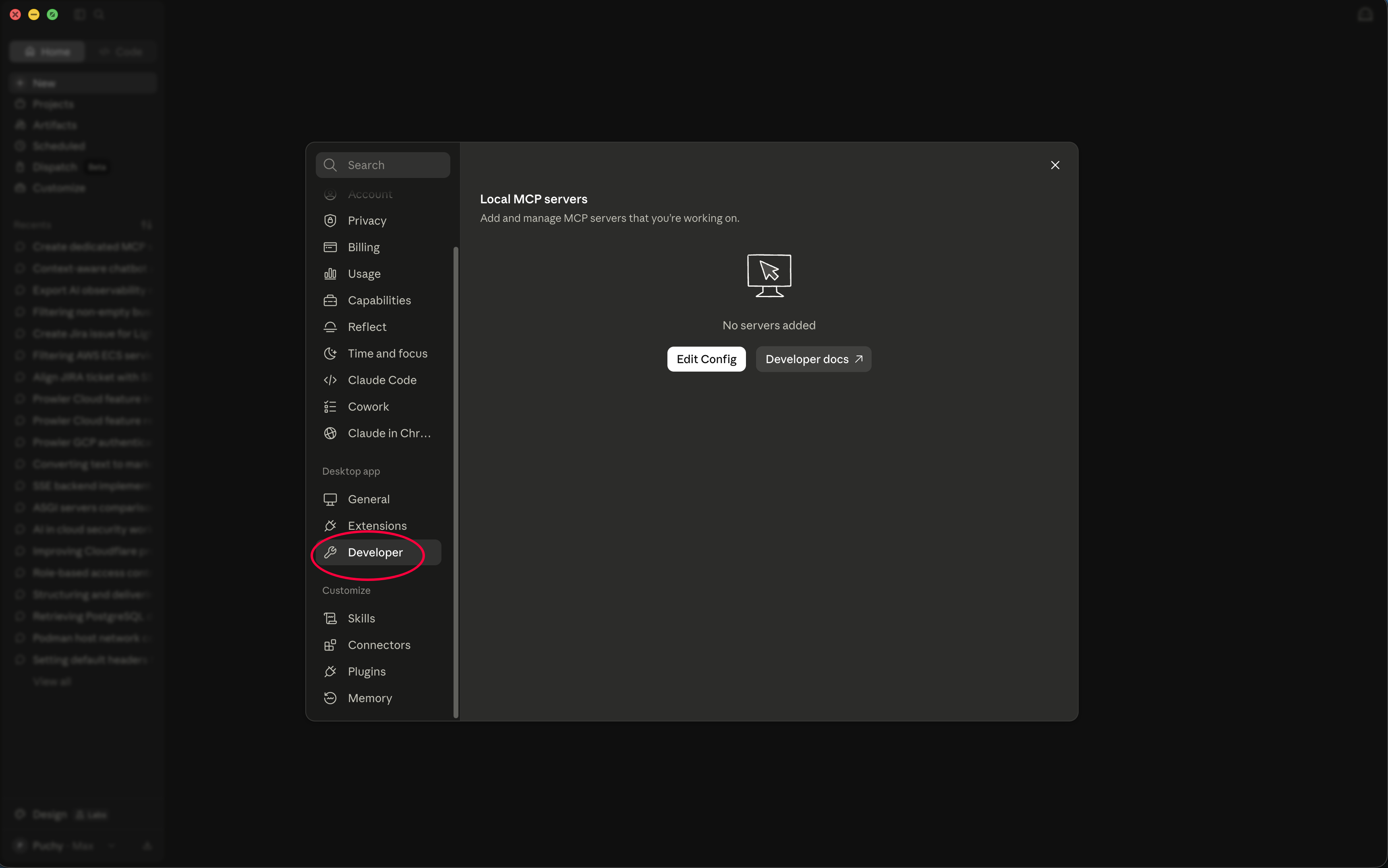 Claude app Settings Developer tab showing the Edit Config button