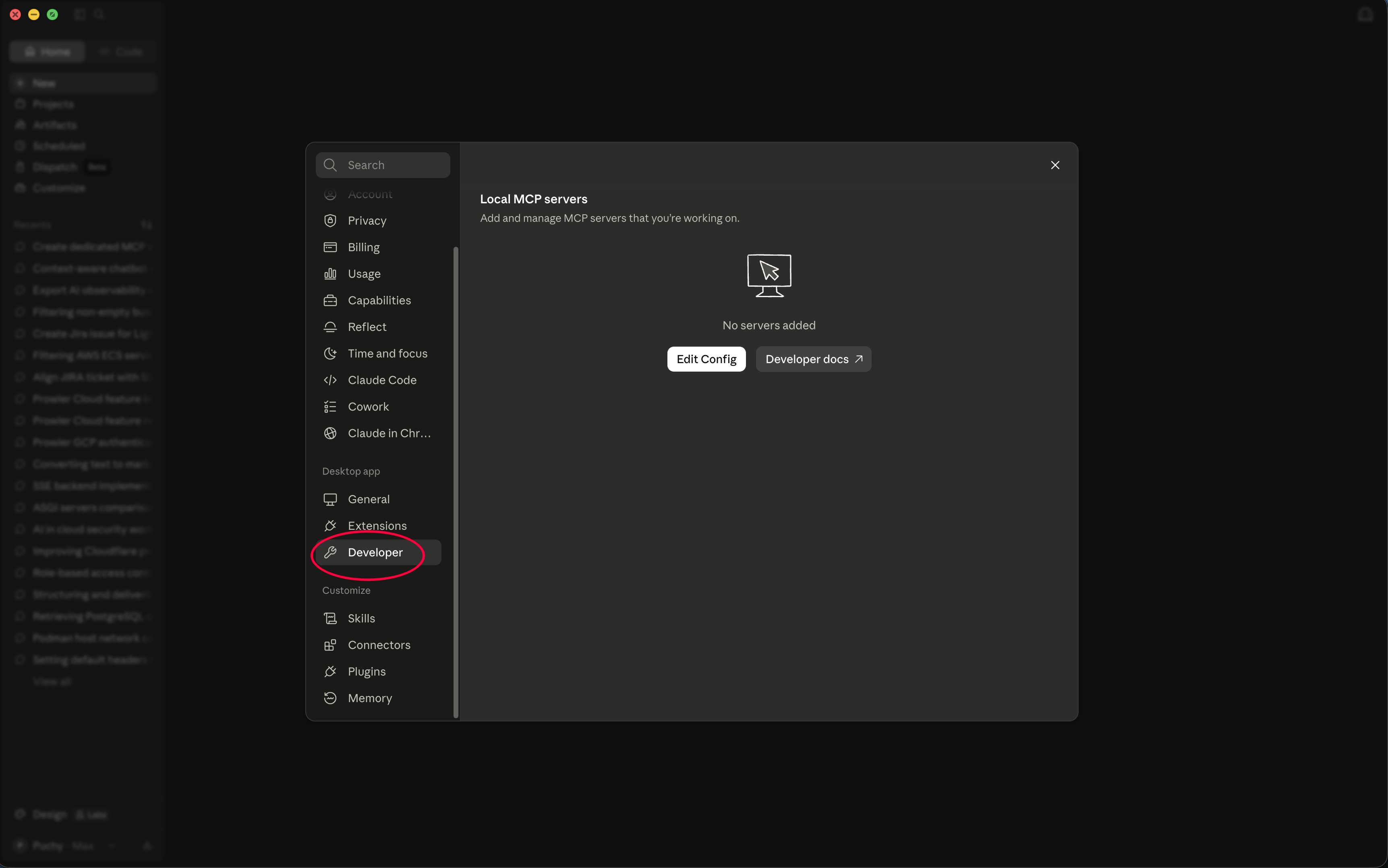 Claude app Settings Developer tab showing the Edit Config button