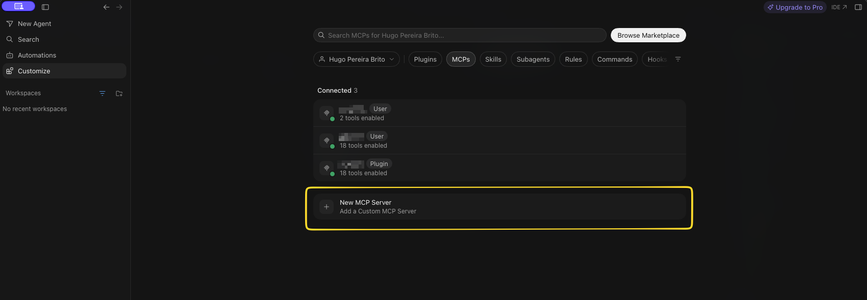 Cursor Customize page with the MCP section open