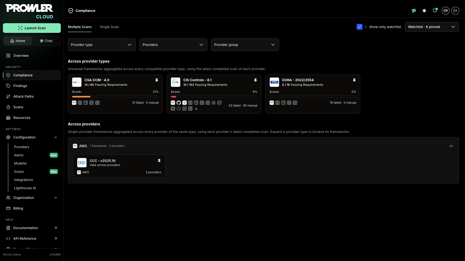 Multiple Scans tab with Show only watchlist enabled, where the AWS group of the Across providers section lists only its pinned framework