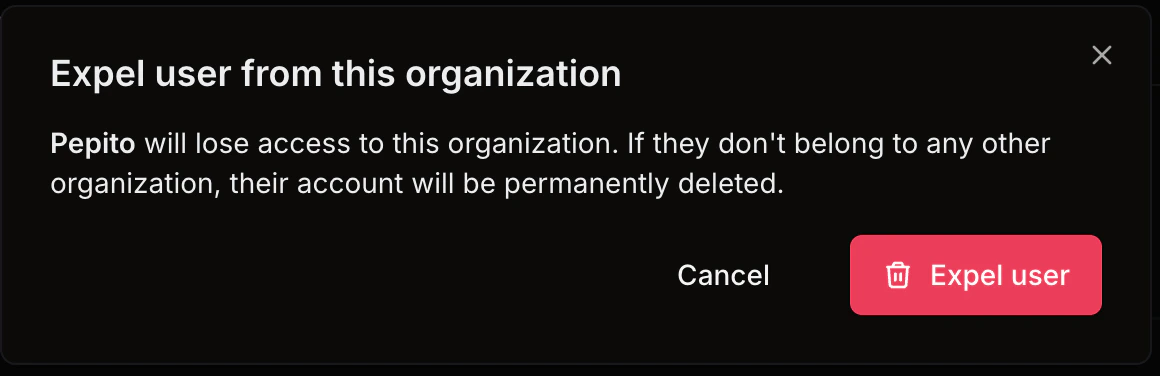 Confirmation dialog asking to expel the selected user from the current organization