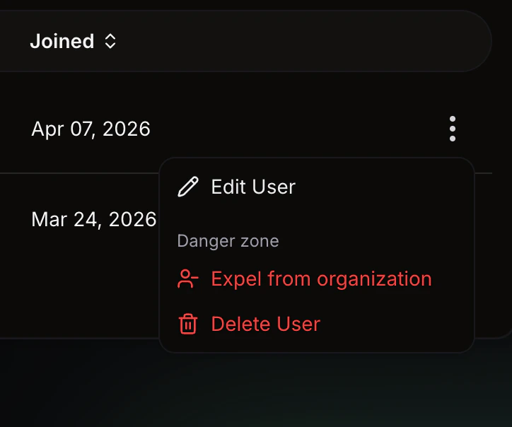 Users table row action menu showing the 'Expel user' destructive option