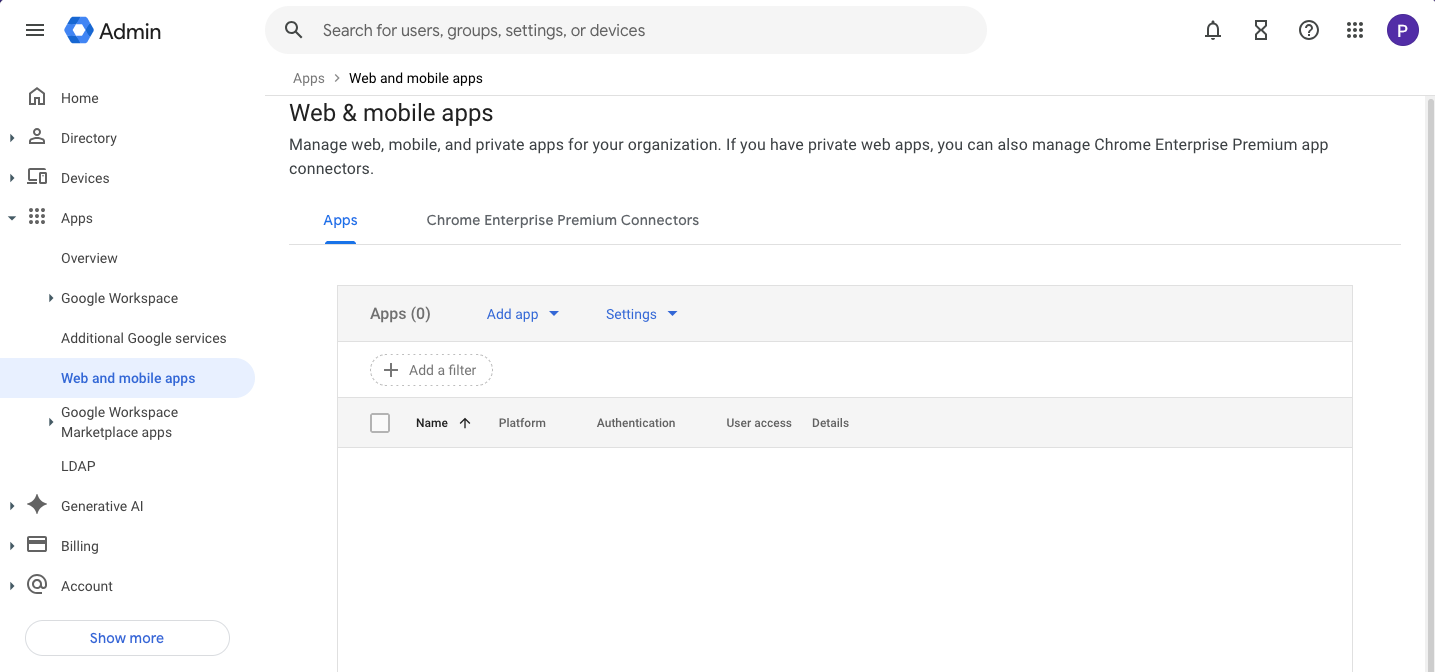 Google Admin Console - Web & mobile apps