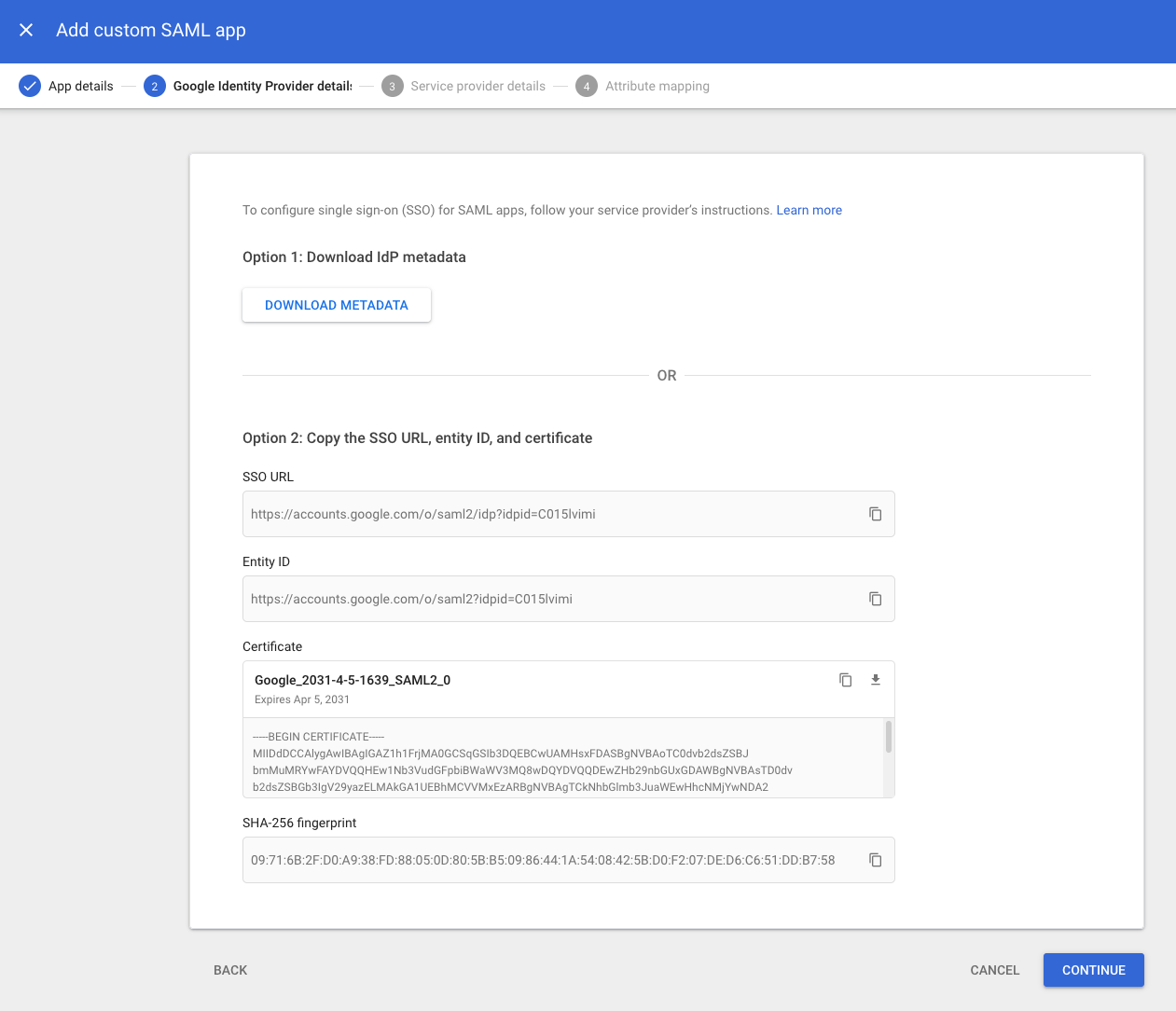 Google Identity Provider details - Download metadata