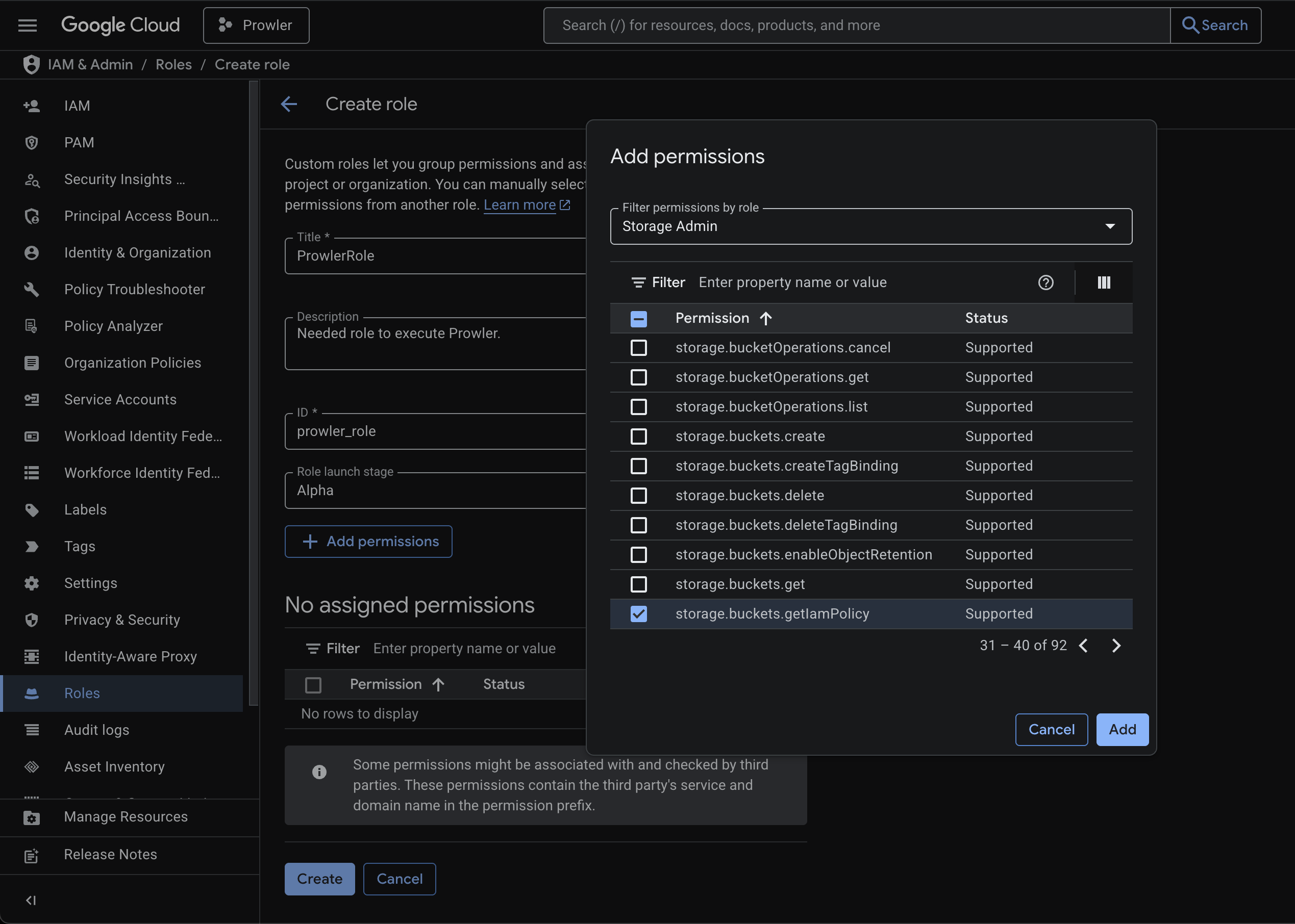 Sample permissions for a custom Prowler role