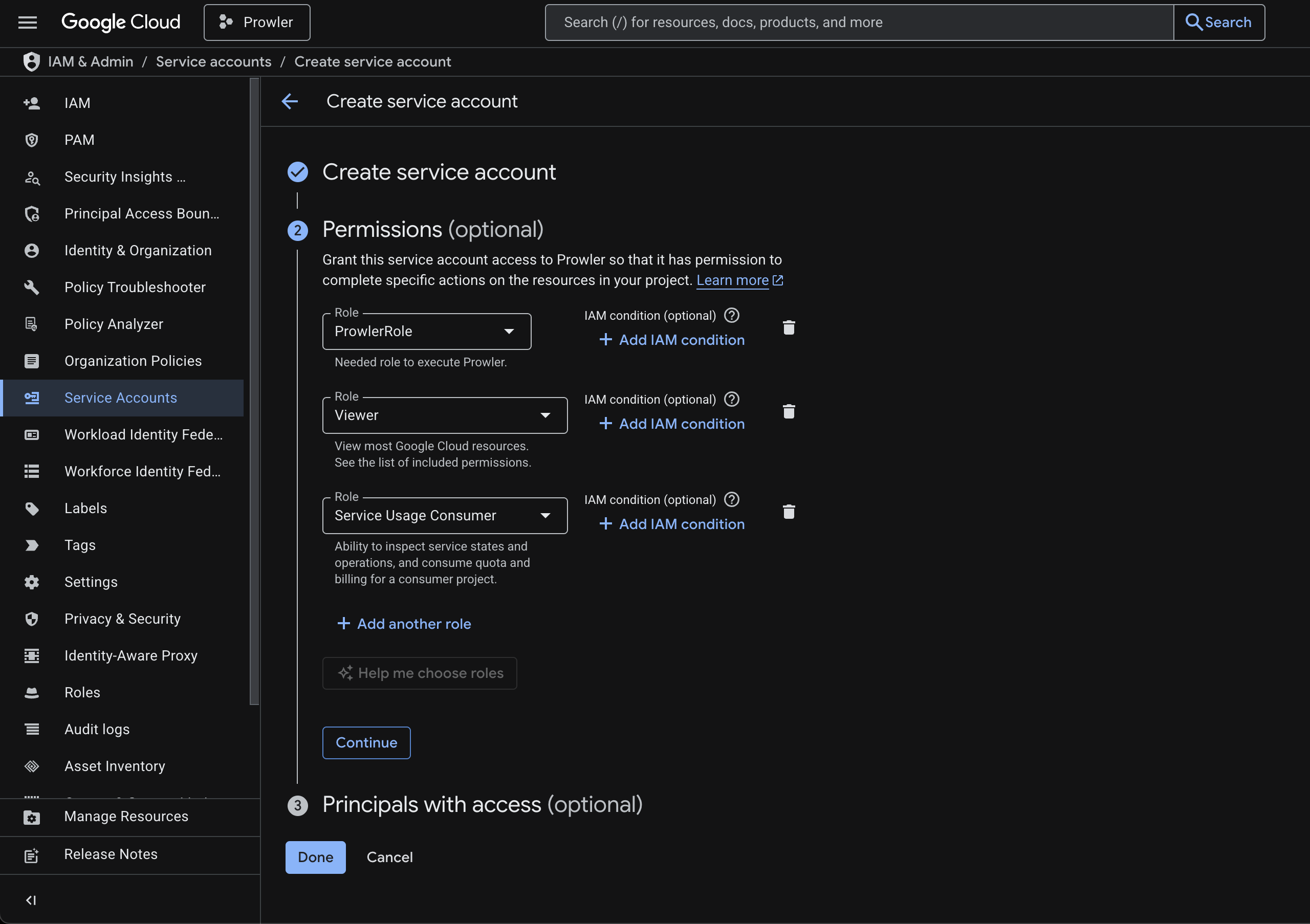 Assign roles to the service account