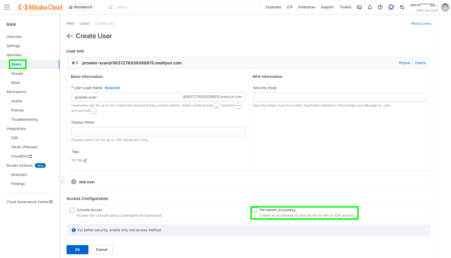 Create a RAM user and enable Permanent AccessKey