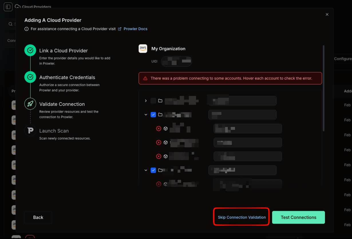 Connection test results showing failed accounts with error banner and Skip Connection Validation button